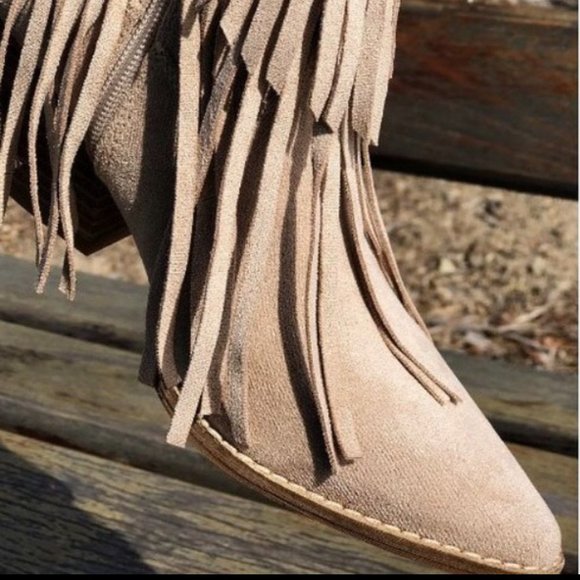 NEW Fringe Tassel Faux Suede Pointy Toe Block Heel Western Booties Boots Taupe - Picture 6 of 13